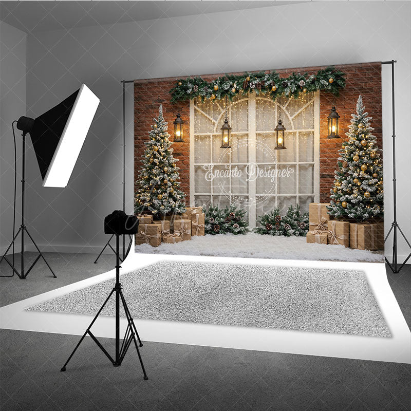 Aperturee - Aperturee Rustic Christmas Window Photography Backdrop Brick Wall with Flocked Trees Snowy Holiday Photo Background