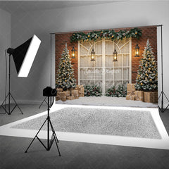 Aperturee - Aperturee Rustic Christmas Window Photography Backdrop Brick Wall with Flocked Trees Snowy Holiday Photo Background