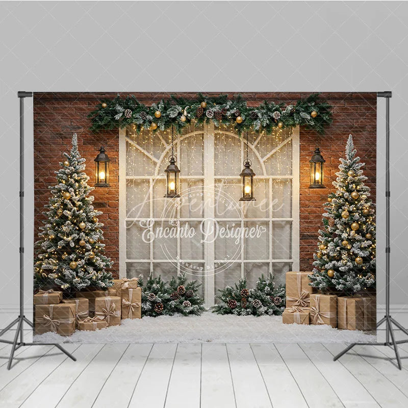 Aperturee - Aperturee Rustic Christmas Window Photography Backdrop Brick Wall with Flocked Trees Snowy Holiday Photo Background