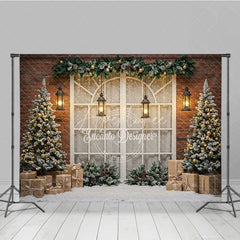 Aperturee - Aperturee Rustic Christmas Window Photography Backdrop Brick Wall with Flocked Trees Snowy Holiday Photo Background