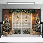 Aperturee - Aperturee Rustic Christmas Window Photography Backdrop Brick Wall with Flocked Trees Snowy Holiday Photo Background