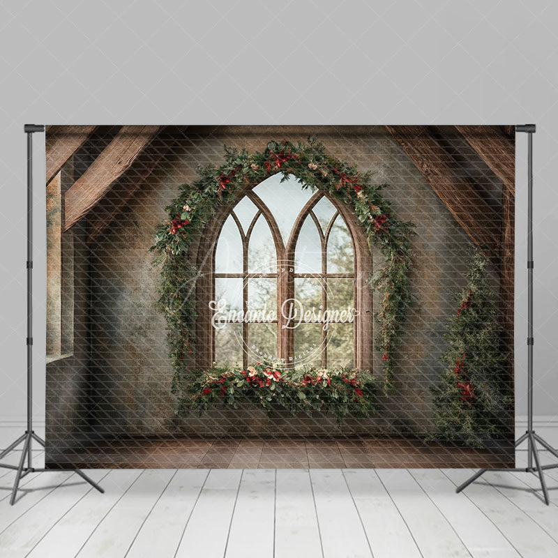 Aperturee - Aperturee Rustic Christmas Window Photography Backdrop Farmhouse Attic with Gothic Arch Holiday Mini Session Background