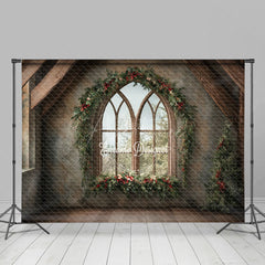 Aperturee - Aperturee Rustic Christmas Window Photography Backdrop Farmhouse Attic with Gothic Arch Holiday Mini Session Background