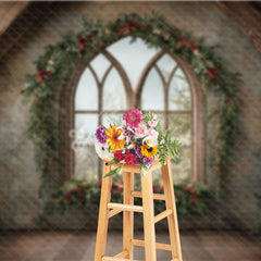 Aperturee - Aperturee Rustic Christmas Window Photography Backdrop Farmhouse Attic with Gothic Arch Holiday Mini Session Background