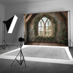 Aperturee - Aperturee Rustic Christmas Window Photography Backdrop Farmhouse Attic with Gothic Arch Holiday Mini Session Background
