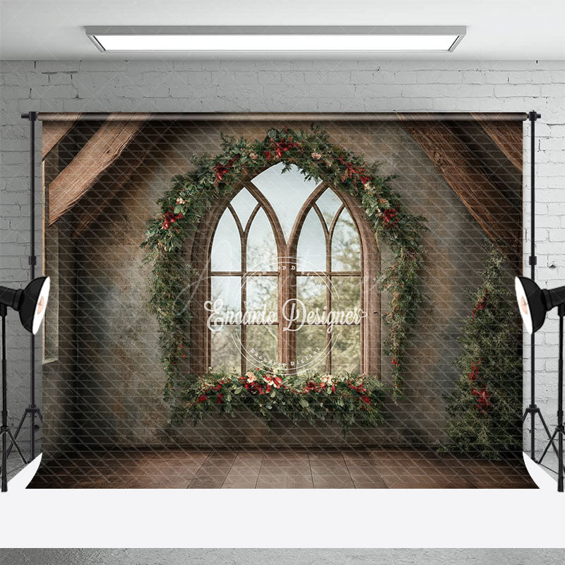 Aperturee - Aperturee Rustic Christmas Window Photography Backdrop Farmhouse Attic with Gothic Arch Holiday Mini Session Background