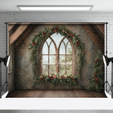 Aperturee - Aperturee Rustic Christmas Window Photography Backdrop Farmhouse Attic with Gothic Arch Holiday Mini Session Background