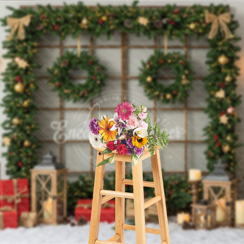 Aperturee - Aperturee Rustic Christmas Window Photography Backdrop Snowy View Framed with Garland Holiday Mini Session Background