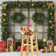 Aperturee - Aperturee Rustic Christmas Window Photography Backdrop Snowy View Framed with Garland Holiday Mini Session Background
