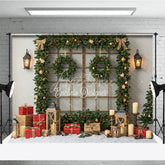 Aperturee - Aperturee Rustic Christmas Window Photography Backdrop Snowy View Framed with Garland Holiday Mini Session Background