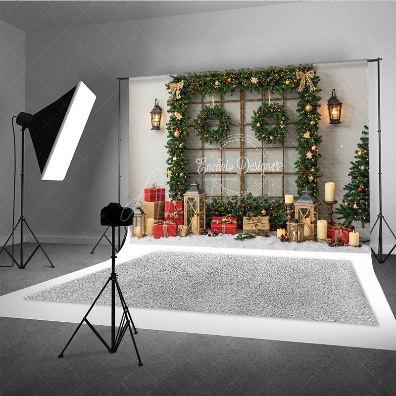 Aperturee - Aperturee Rustic Christmas Window Photography Backdrop Snowy View Framed with Garland Holiday Mini Session Background