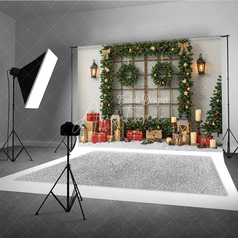 Aperturee - Aperturee Rustic Christmas Window Photography Backdrop Snowy View Framed with Garland Holiday Mini Session Background