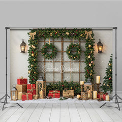 Aperturee - Aperturee Rustic Christmas Window Photography Backdrop Snowy View Framed with Garland Holiday Mini Session Background