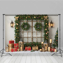 Aperturee - Aperturee Rustic Christmas Window Photography Backdrop Snowy View Framed with Garland Holiday Mini Session Background