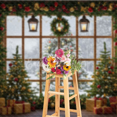 Aperturee - Aperturee Rustic Christmas Window Photography Backdrop Snowy View with Garland and Trees Holiday Mini Session Background