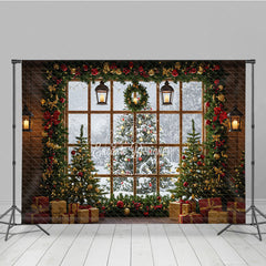 Aperturee - Aperturee Rustic Christmas Window Photography Backdrop Snowy View with Garland and Trees Holiday Mini Session Background