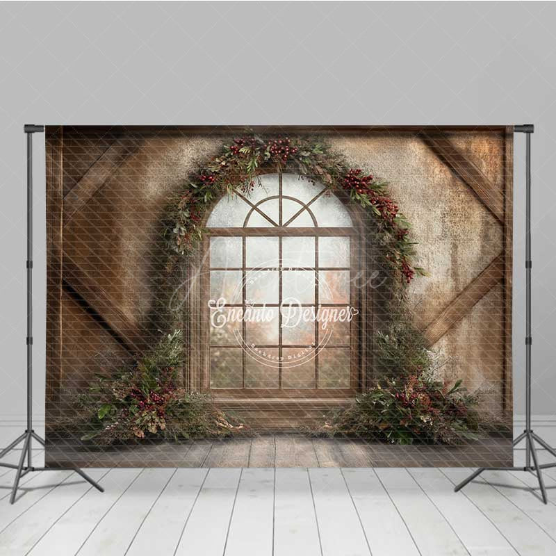 Aperturee - Aperturee Rustic Christmas Window Photography Backdrop Winter Scene with Berry Wreath Farmhouse Barn Wood Wall Photo Prop