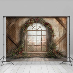 Aperturee - Aperturee Rustic Christmas Window Photography Backdrop Winter Scene with Berry Wreath Farmhouse Barn Wood Wall Photo Prop