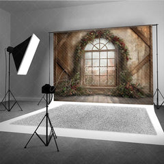 Aperturee - Aperturee Rustic Christmas Window Photography Backdrop Winter Scene with Berry Wreath Farmhouse Barn Wood Wall Photo Prop