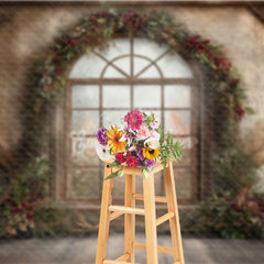 Aperturee - Aperturee Rustic Christmas Window Photography Backdrop Winter Scene with Berry Wreath Farmhouse Barn Wood Wall Photo Prop