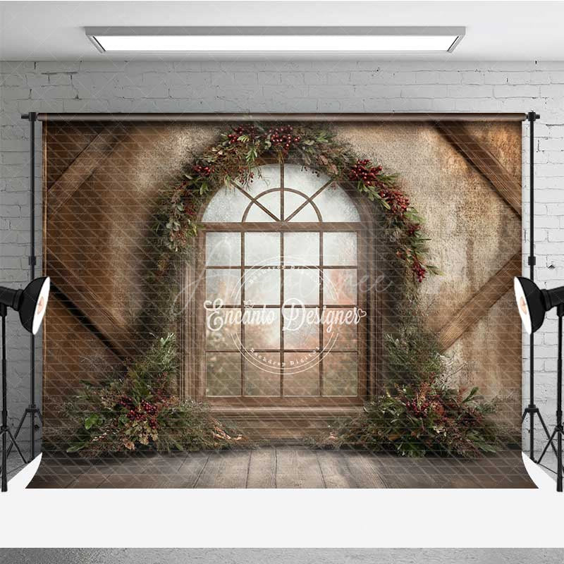Aperturee - Aperturee Rustic Christmas Window Photography Backdrop Winter Scene with Berry Wreath Farmhouse Barn Wood Wall Photo Prop