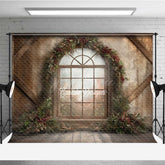 Aperturee - Aperturee Rustic Christmas Window Photography Backdrop Winter Scene with Berry Wreath Farmhouse Barn Wood Wall Photo Prop