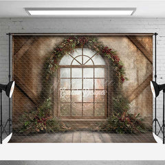 Aperturee - Aperturee Rustic Christmas Window Photography Backdrop Winter Scene with Berry Wreath Farmhouse Barn Wood Wall Photo Prop