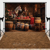 Aperturee - Aperturee Rustic Country Christmas Combo Set Backdrop Festive Horses in a Barn with Drums Holiday Stable Photo Floor