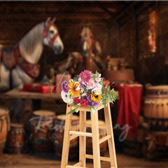 Aperturee - Aperturee Rustic Country Christmas Photography Backdrop Festive Horses in a Barn Holiday Stable Photo Background