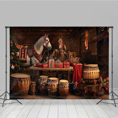 Aperturee - Aperturee Rustic Country Christmas Photography Backdrop Festive Horses in a Barn Holiday Stable Photo Background