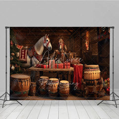 Aperturee - Aperturee Rustic Country Christmas Photography Backdrop Festive Horses in a Barn Holiday Stable Photo Background