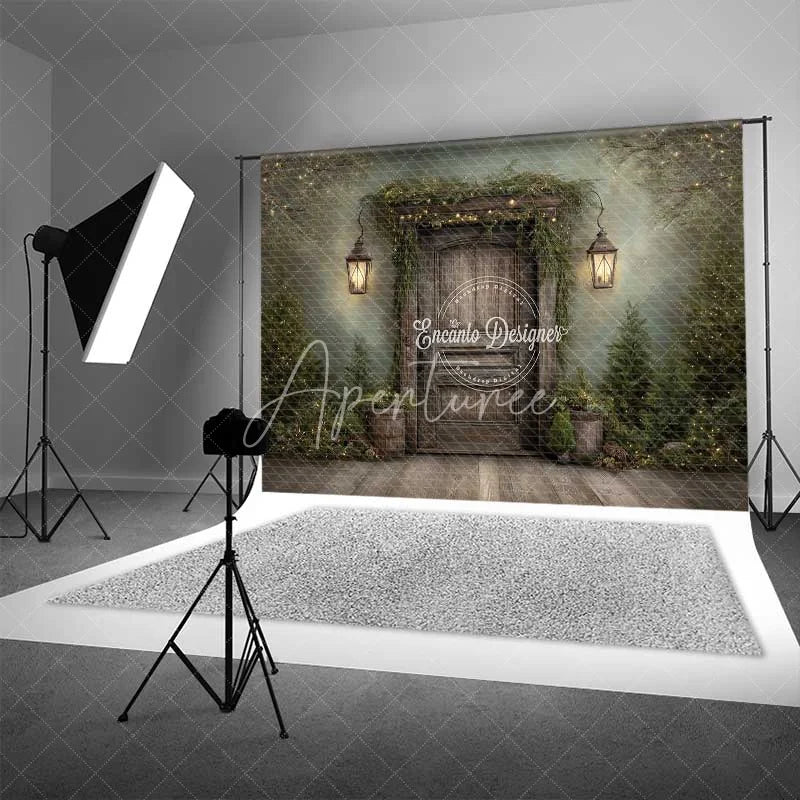 Aperturee - Aperturee Rustic Dark Wood Door Christmas Backdrop Hanging Lantern Forest Photography Background