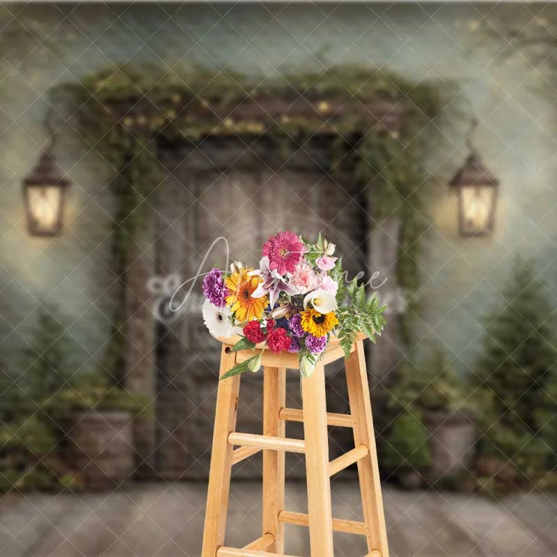 Aperturee - Aperturee Rustic Dark Wood Door Christmas Backdrop Hanging Lantern Forest Photography Background