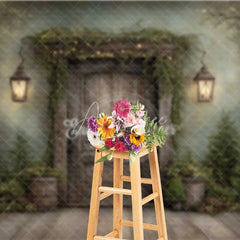 Aperturee - Aperturee Rustic Dark Wood Door Christmas Backdrop Hanging Lantern Forest Photography Background