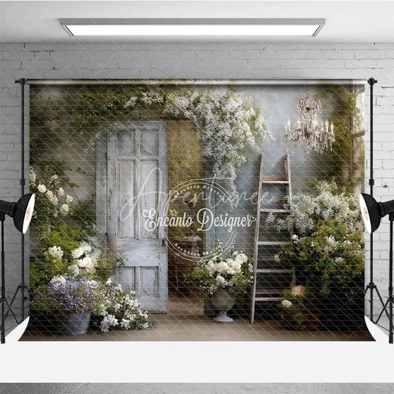 Aperturee - Aperturee Rustic Door Photography Backdrop White Flowers with Ladder and Chandelier Farmhouse Maternity Photo Background