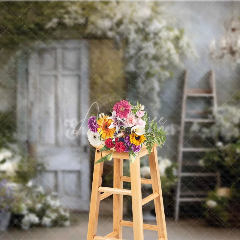 Aperturee - Aperturee Rustic Door Photography Backdrop White Flowers with Ladder and Chandelier Farmhouse Maternity Photo Background