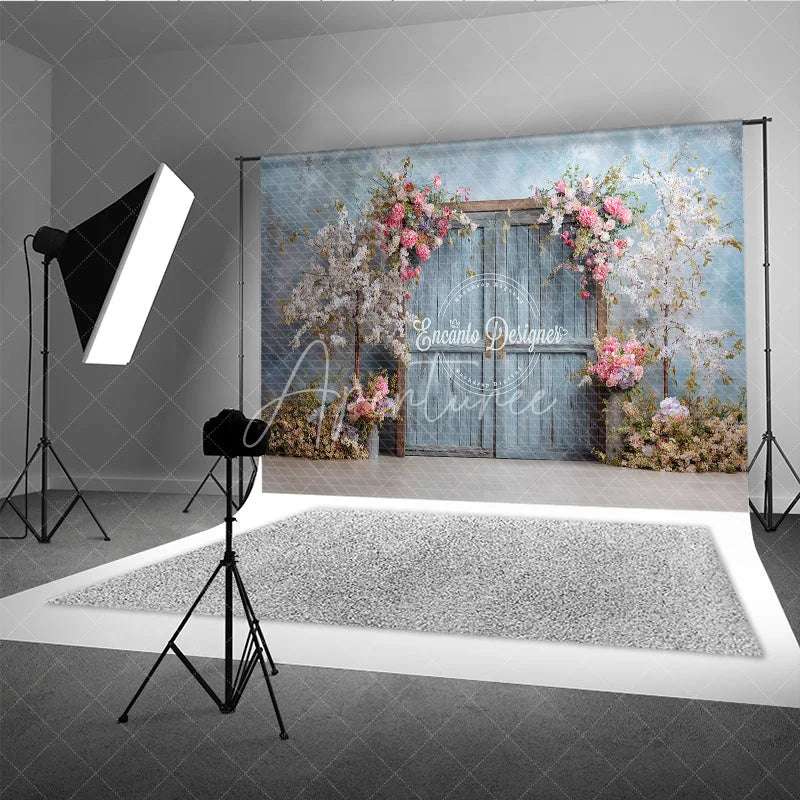 Aperturee - Aperturee Rustic Door Photography Backdrop with Spring Cherry Blossoms Blue Sky Fine Art Painterly Photo Background