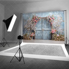 Aperturee - Aperturee Rustic Door Photography Backdrop with Spring Cherry Blossoms Blue Sky Fine Art Painterly Photo Background