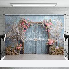 Aperturee - Aperturee Rustic Door Photography Backdrop with Spring Cherry Blossoms Blue Sky Fine Art Painterly Photo Background
