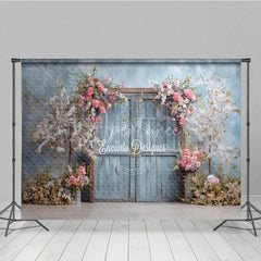 Aperturee - Aperturee Rustic Door Photography Backdrop with Spring Cherry Blossoms Blue Sky Fine Art Painterly Photo Background