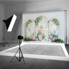 Aperturee - Aperturee Rustic Easter Bunny Arches Backdrop Blue Hydrangea and Peony Floral Spring Decoration