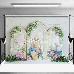 Aperturee - Aperturee Rustic Easter Bunny Arches Backdrop Blue Hydrangea and Peony Floral Spring Decoration