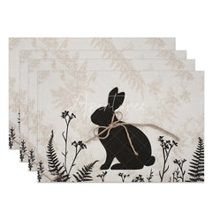Aperturee - Aperturee Rustic Easter Bunny Set of 4 Placemats Black Silhouette Rabbit Grey Fern Table Mats for Spring