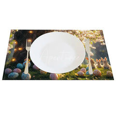 Aperturee - Aperturee Rustic Easter Bunny Set of 4 Placemats Rabbits by Tree Root Spring Garden Holiday Table Mats