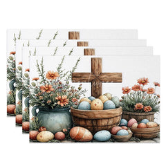 Aperturee - Aperturee Rustic Easter Cross Set of 4 Placemats Orange Daisy Flower Basket Eggs Table Mats Farmhouse Spring Dining Decor