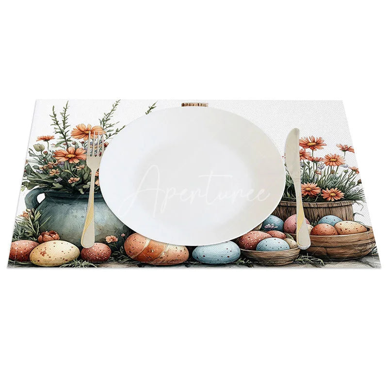 Aperturee - Aperturee Rustic Easter Cross Set of 4 Placemats Orange Daisy Flower Basket Eggs Table Mats Farmhouse Spring Dining Decor