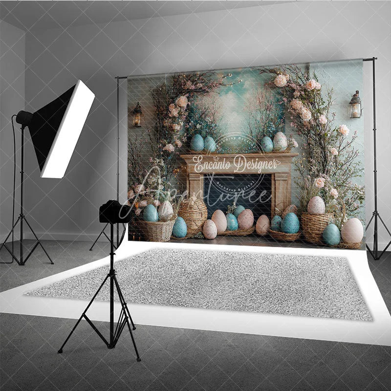 Aperturee - Aperturee Rustic Easter Fireplace Mantel Backdrop Floral Branch and Egg Spring Photography Background
