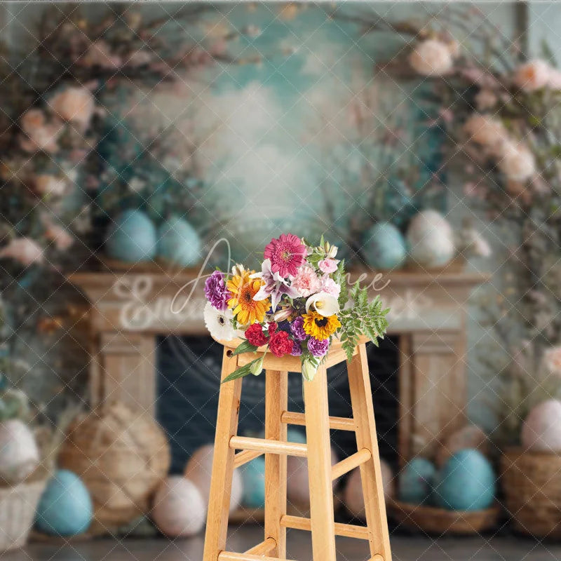 Aperturee - Aperturee Rustic Easter Fireplace Mantel Backdrop Floral Branch and Egg Spring Photography Background