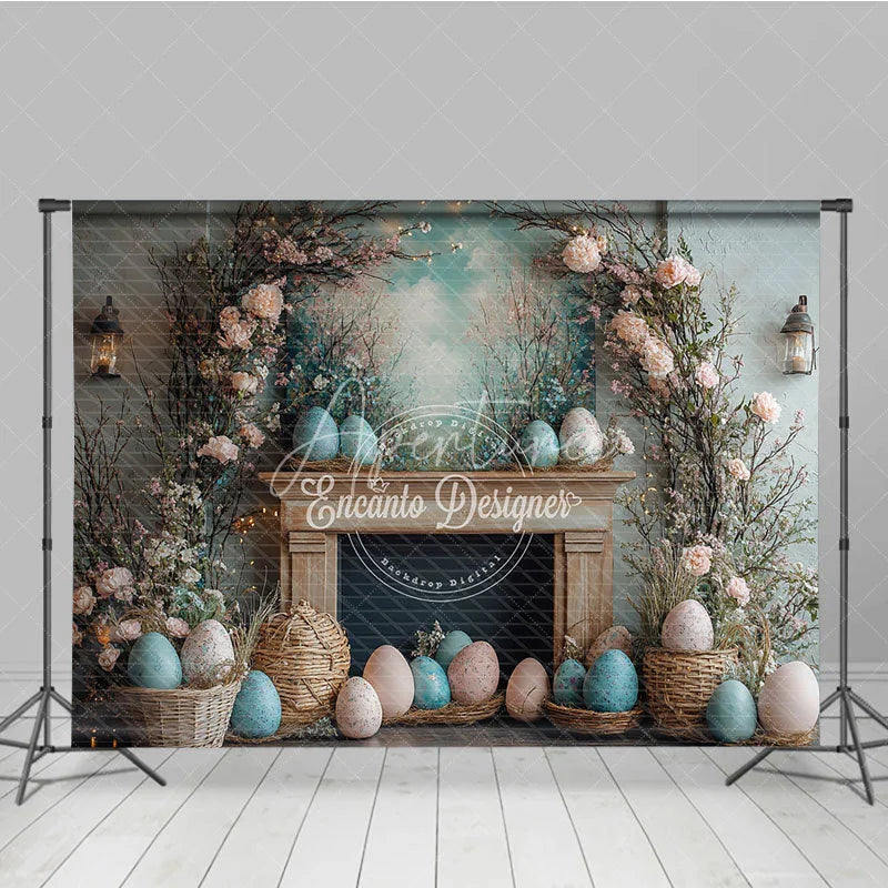 Aperturee - Aperturee Rustic Easter Fireplace Mantel Backdrop Floral Branch and Egg Spring Photography Background