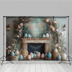 Aperturee - Aperturee Rustic Easter Fireplace Mantel Backdrop Floral Branch and Egg Spring Photography Background